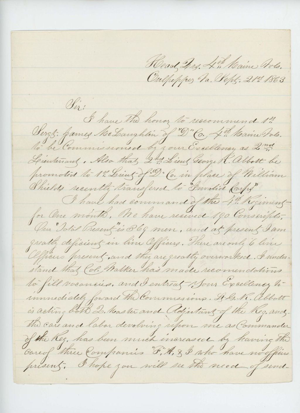 Miniature of Captain Robert H. Gray recommends Sergeant James McLaughlin pf Compay D for promotion to 2nd Lieutenant