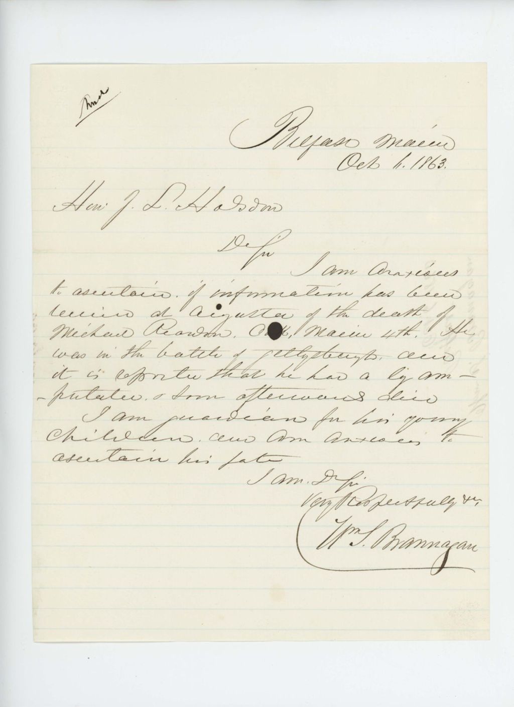 Miniature of William Brannagan requests confirmation on the death of Michael Reardon of Company K