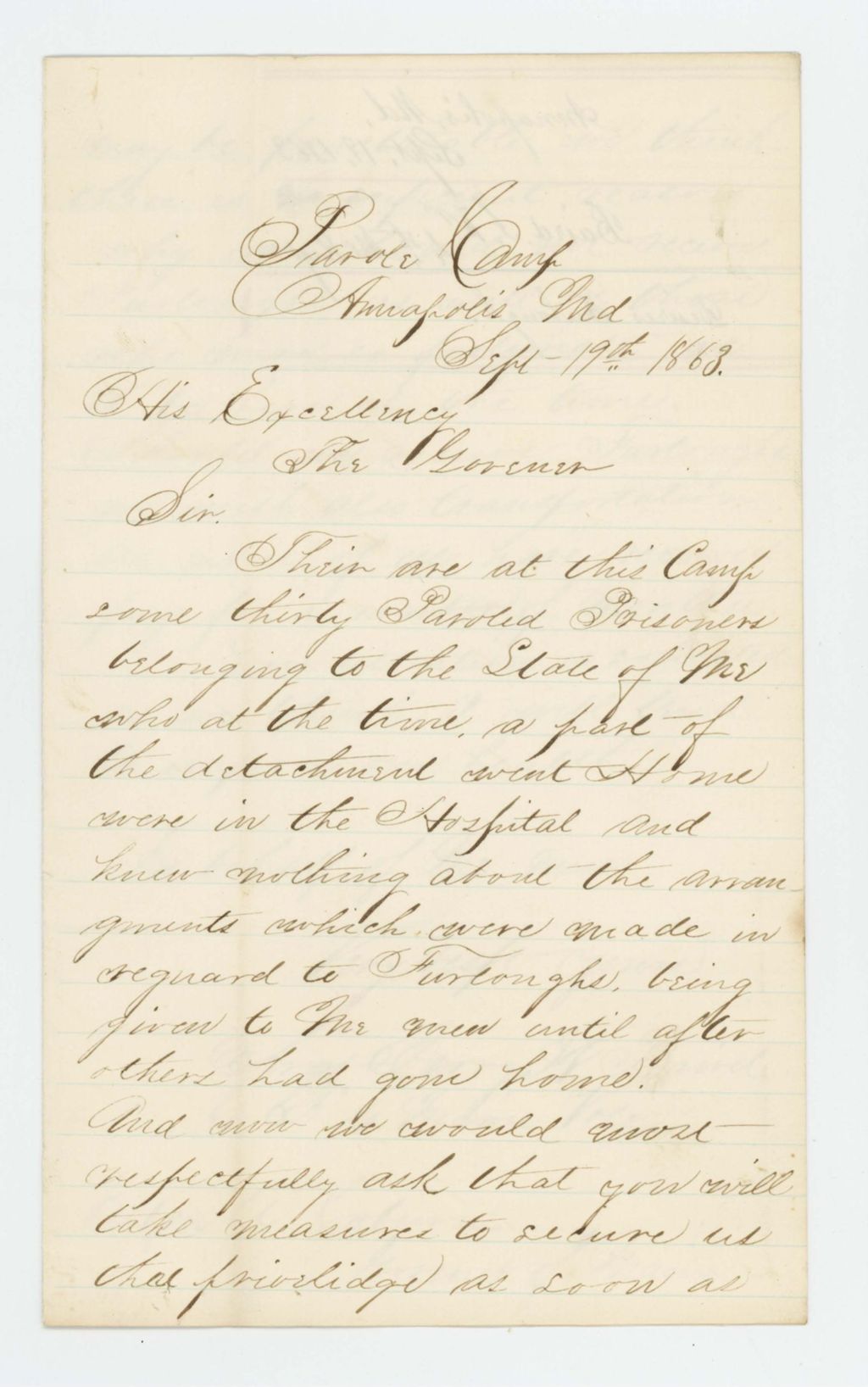 Miniature of Sergeant Baird requests a furlough for 30 paroled prisoners from Maine