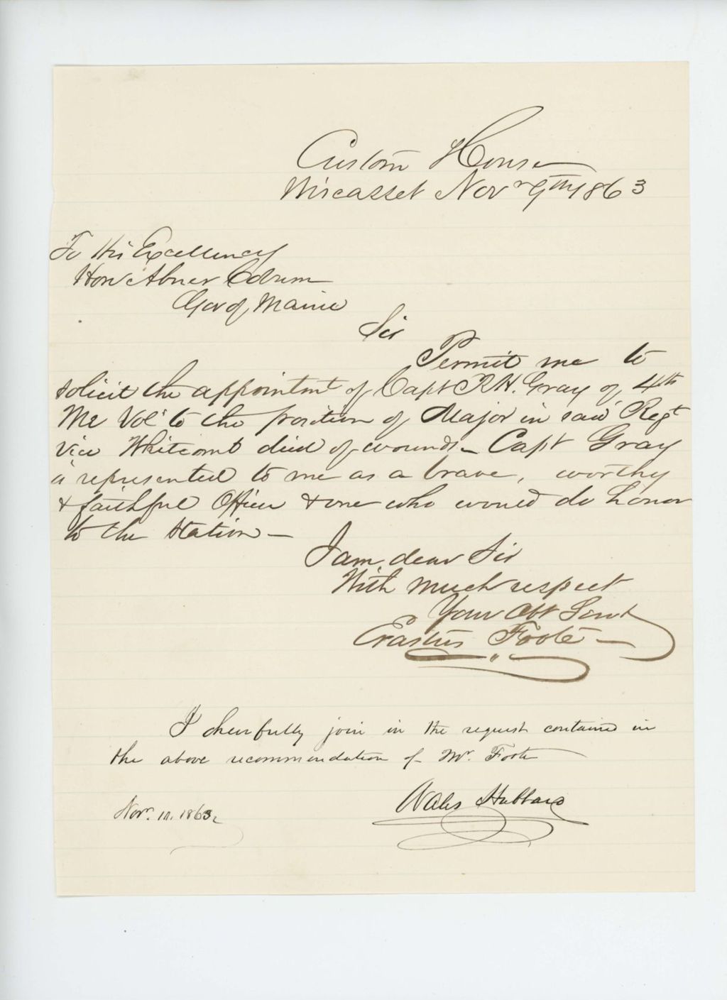 Miniature of Erastus Foote recommends promotion of Captain Robert Gray to Major