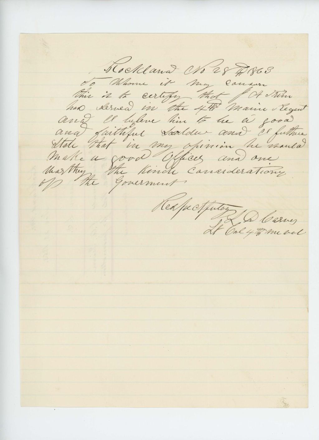 Miniature of Lieutenant Colonel L.D. Carver recommends J.A. Trim for promotion
