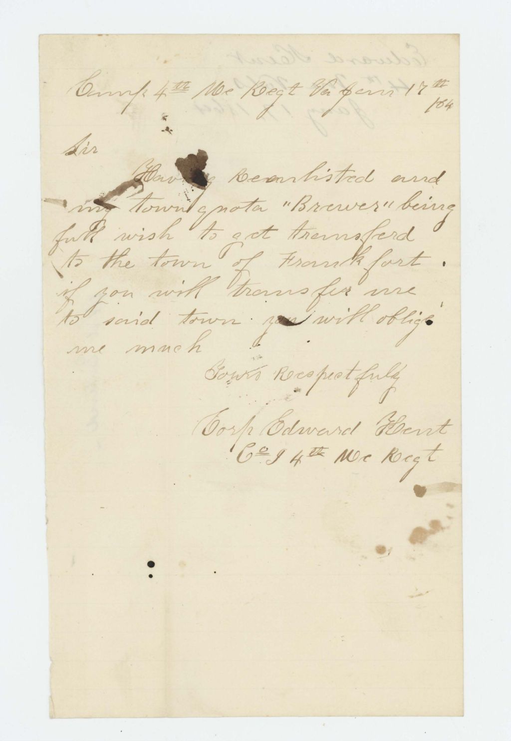 Miniature of Corporal Edward Hart requests transfer from Brewer quota to Frankfort