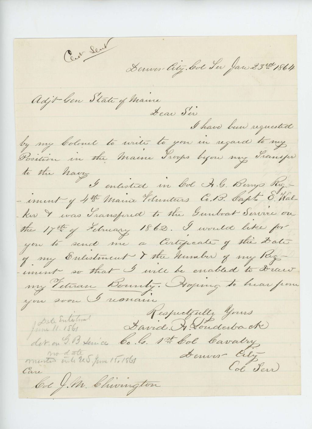 Miniature of David Louderback requests certificate of enlistment for veteran bounty