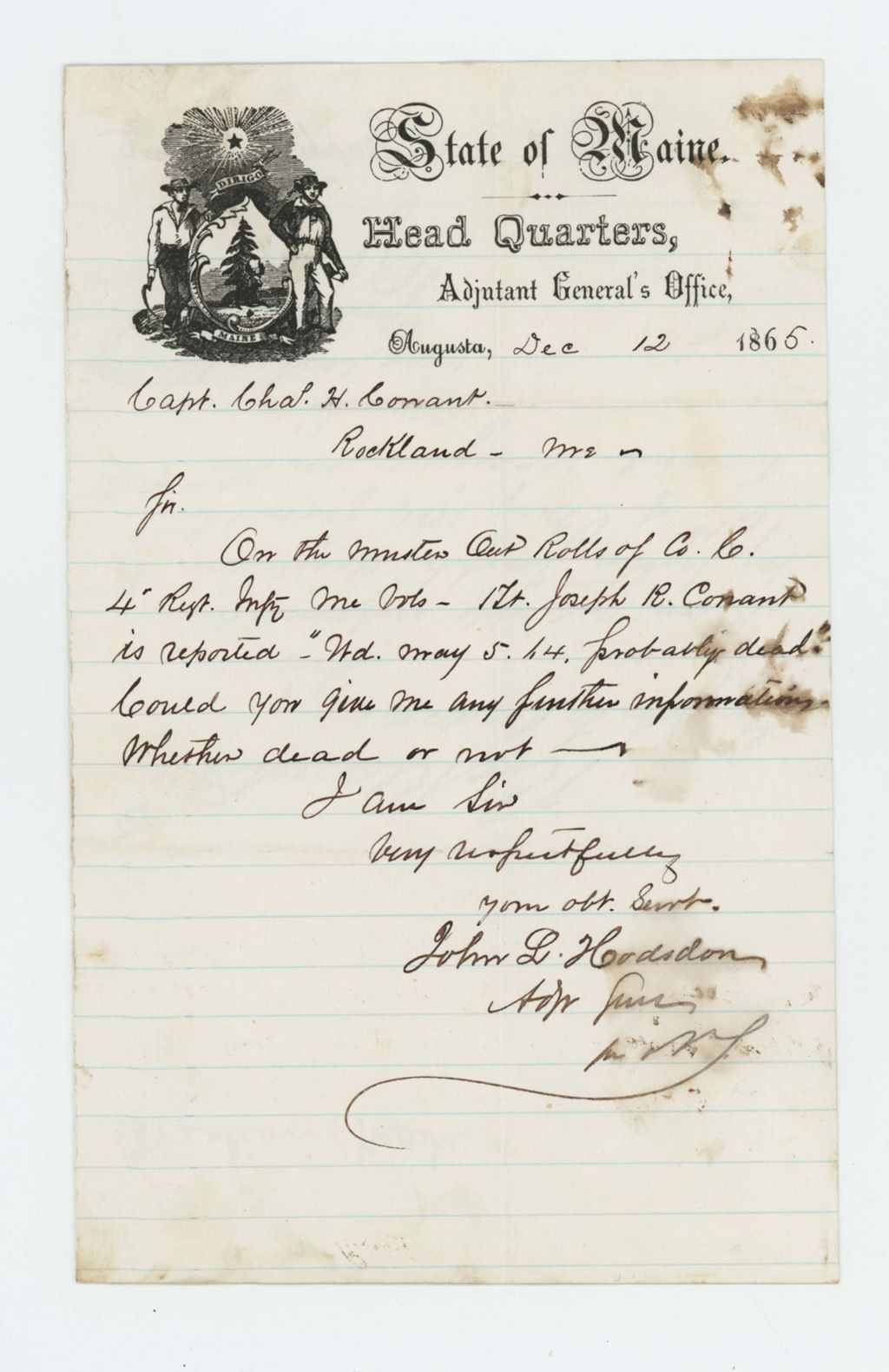 Miniature of Adjutant General Hodsdon writes Captain Charles H. Conant requesting further information about Lieutenant Joseph R. Conant