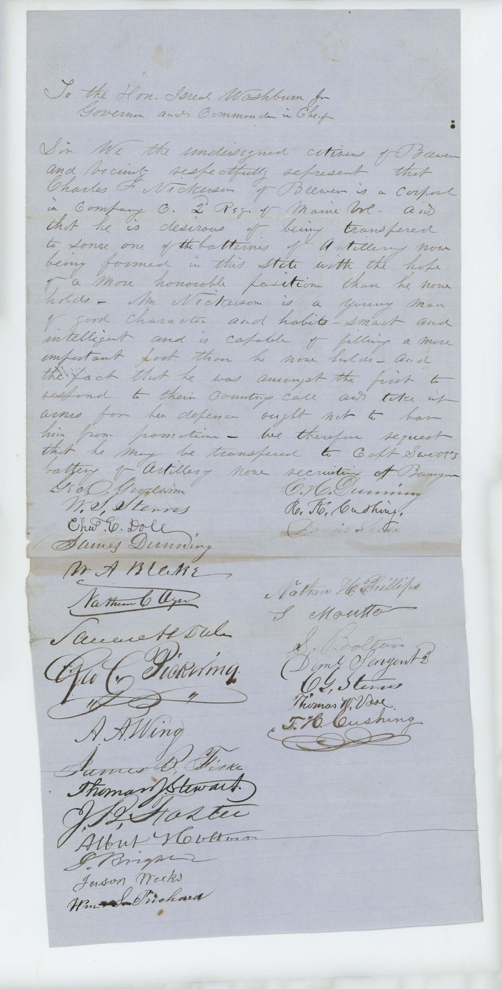 Miniature of Undated - Petition of citizens of Brewer requesting the appointment of Corporal Charles F. Nickerson to Captain Swett's battery