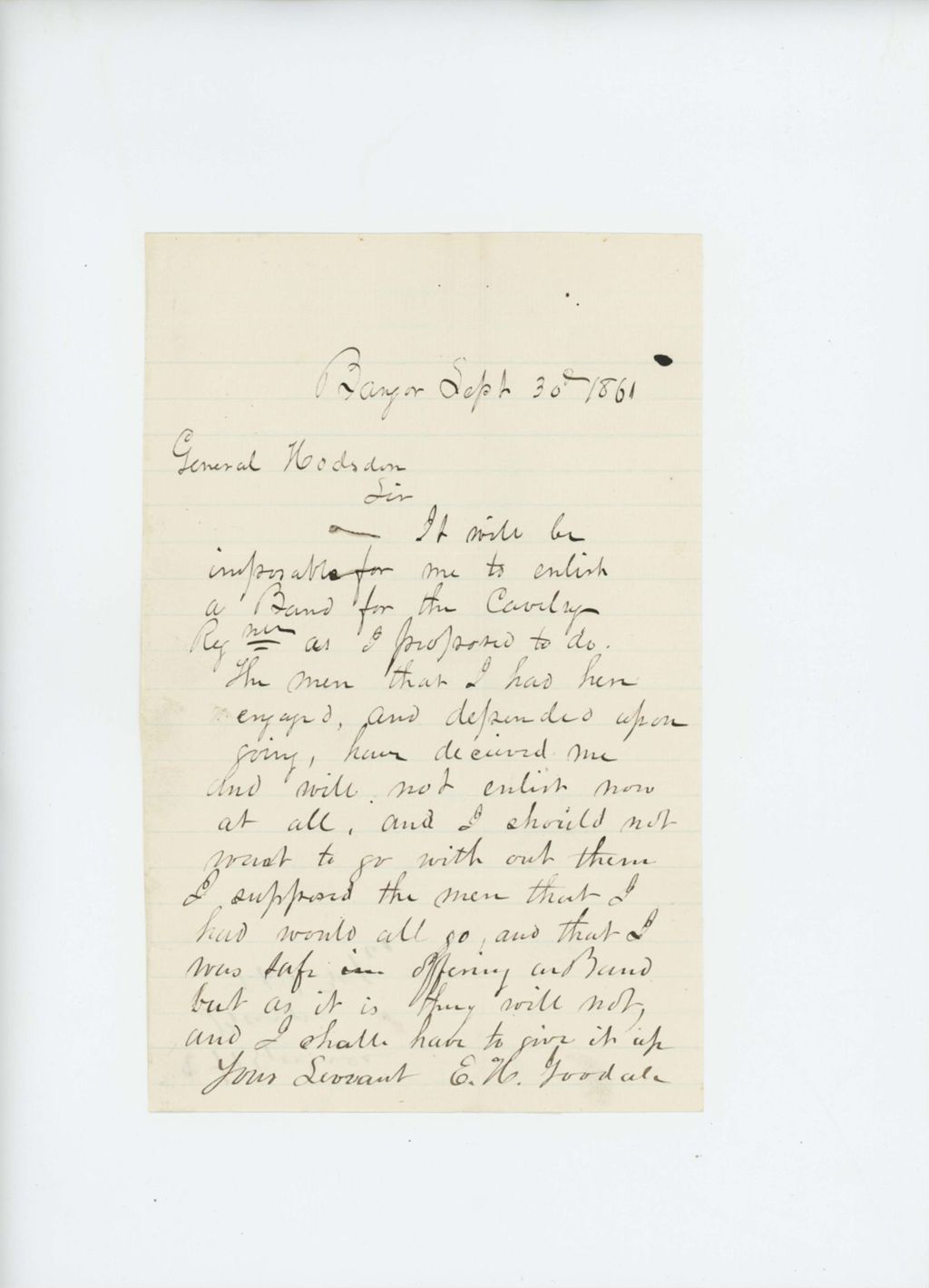 Miniature of E.H. Goodale writes to Adjutant General Hodsdon about cavalry band