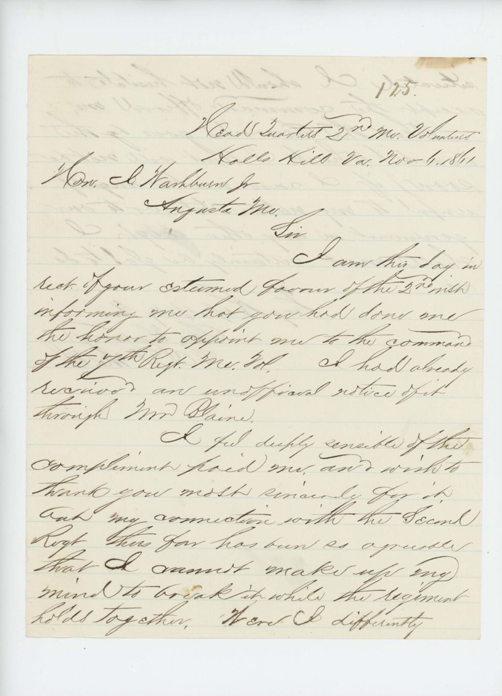 Miniature of Lieutenant Colonel George Varney writes to Governor Washburn to refuse the command of the 7th Regiment