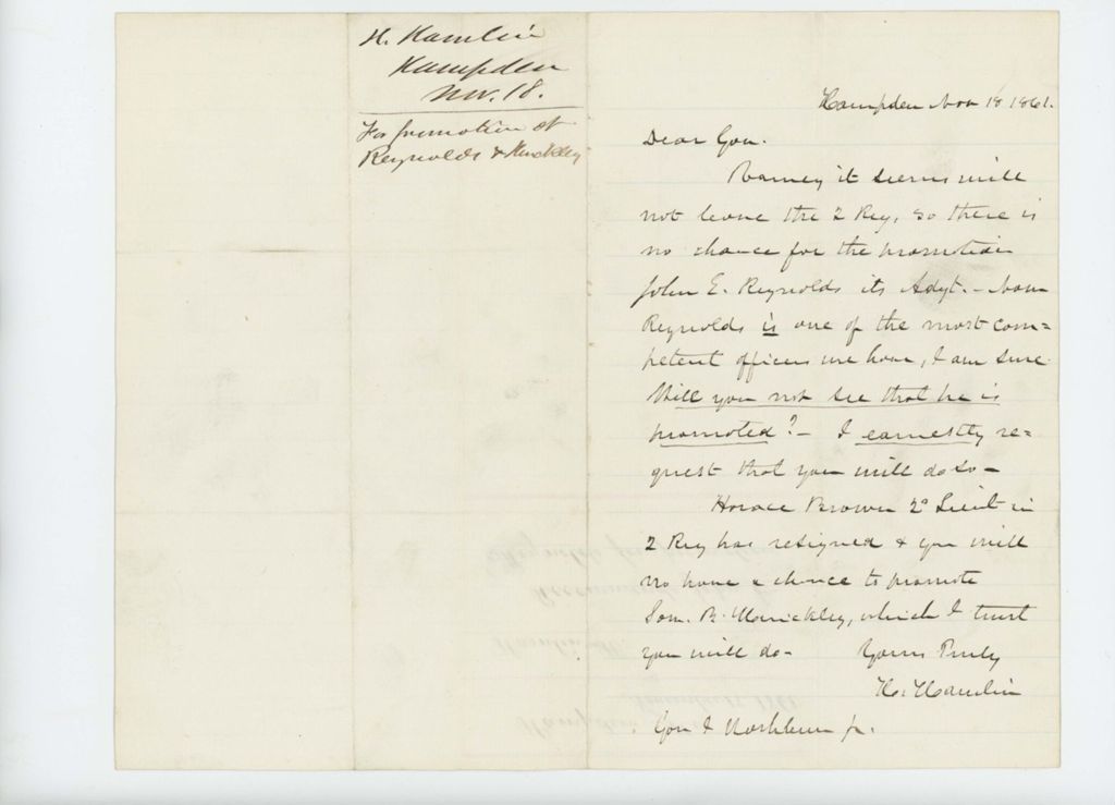 Miniature of Hannibal Hamlin recommends John E. Reynolds and Samuel Hinckley for promotion