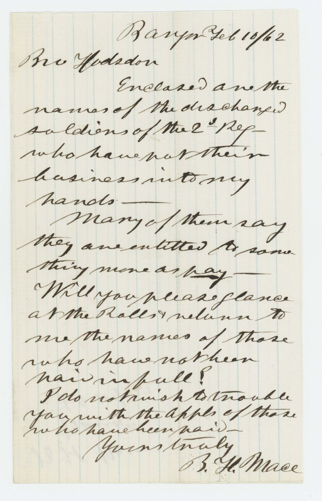 Miniature of B.H. Mace requests pay for discharged soldiers