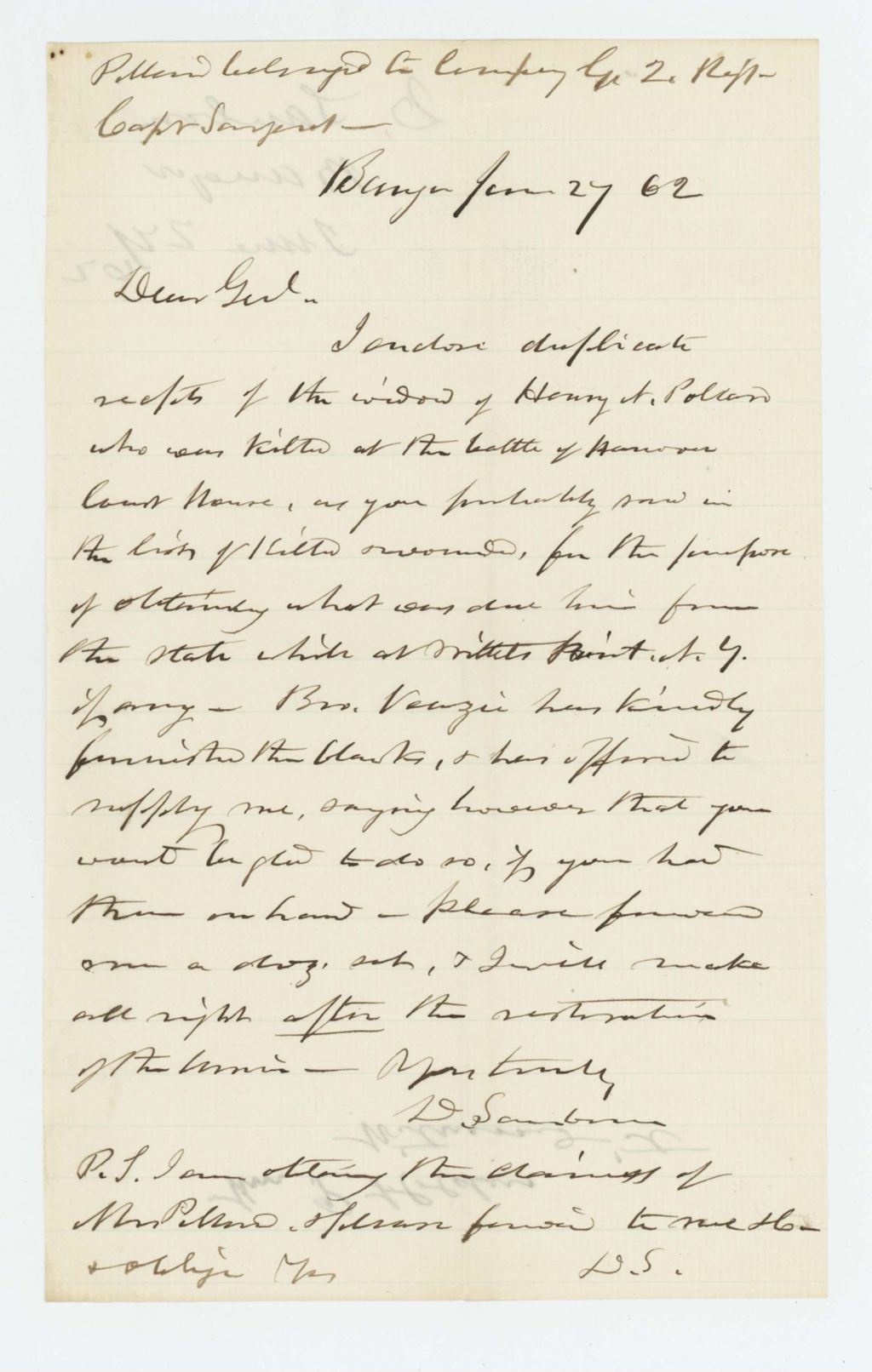 Miniature of D. Sanborn requests benefits on behalf of the widow of Henry Pollen
