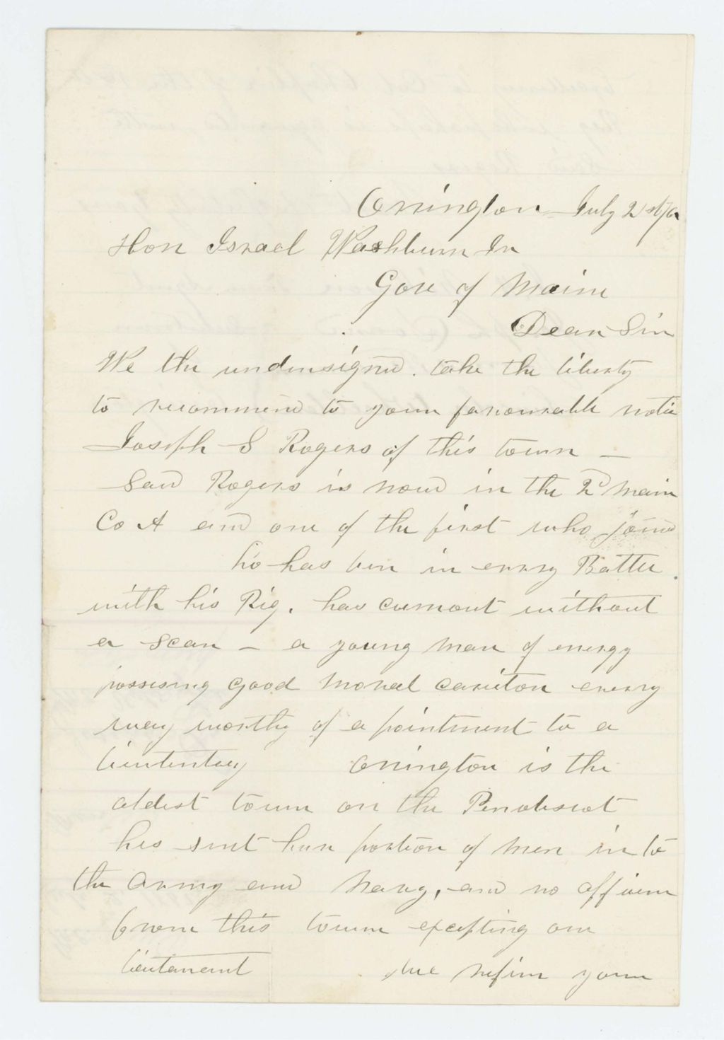 Miniature of Selectmen of Orrington, Maine recommend Joseph Rogers for promotion