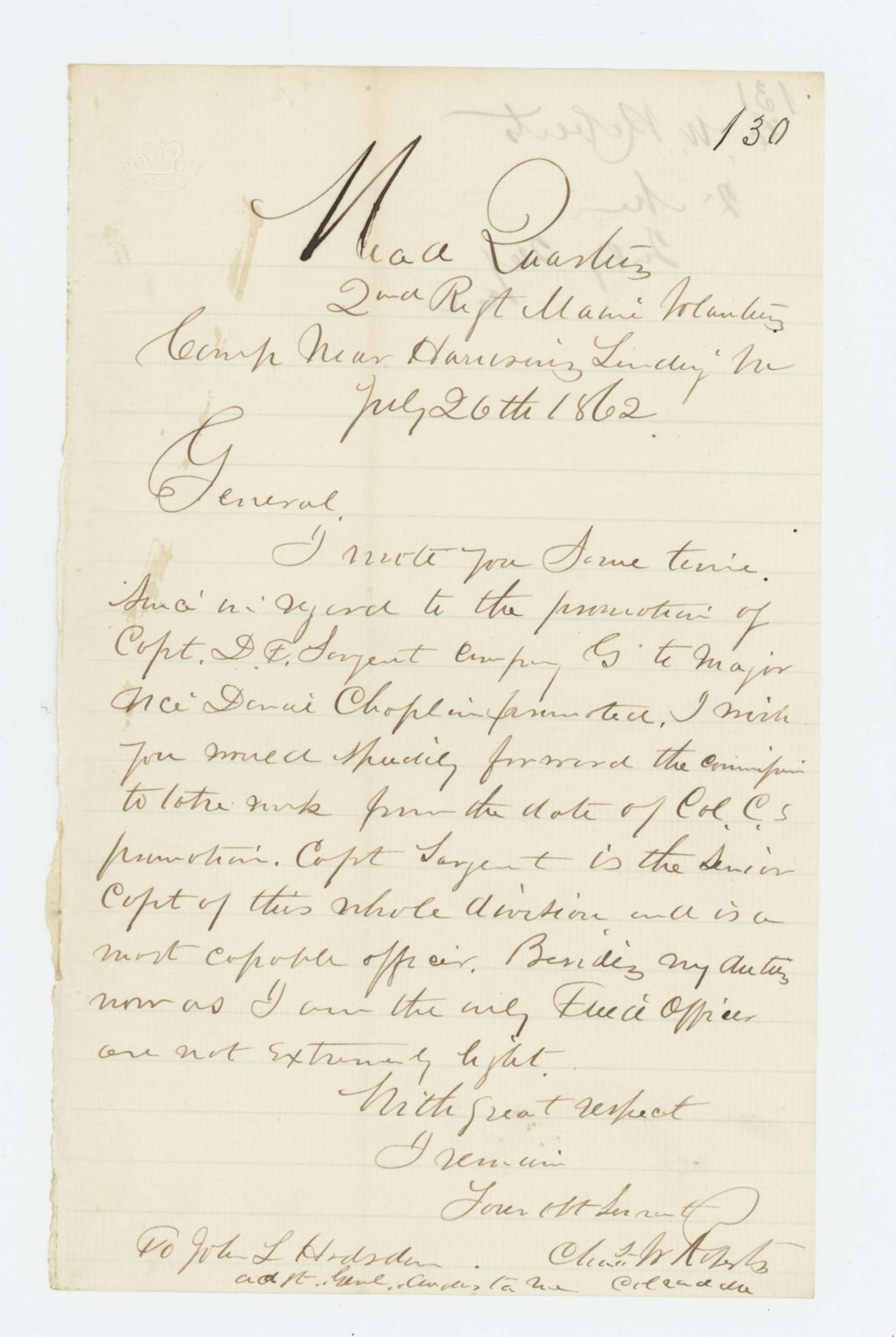 Miniature of Colonel Charles Roberts again requests promotion of Captain D.F. Sargent