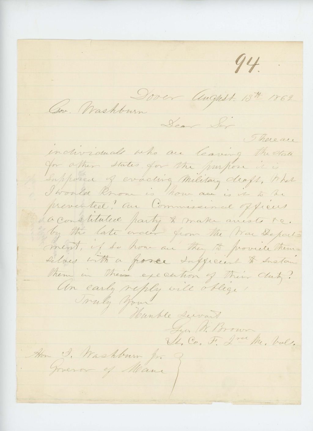 Miniature of George W. Brown writes Governor Washburn about draft avoiders