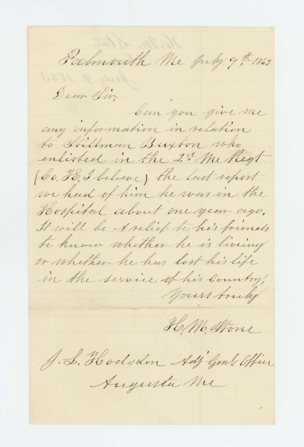 Miniature of H.M. Stone requests information on welfare of Stillman Buxton
