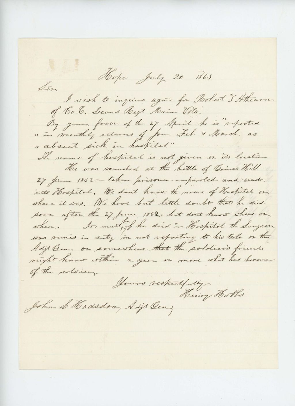 Miniature of Henry Hobbs inquires about welfare of Robert Athearn, injured in hospital in 1862