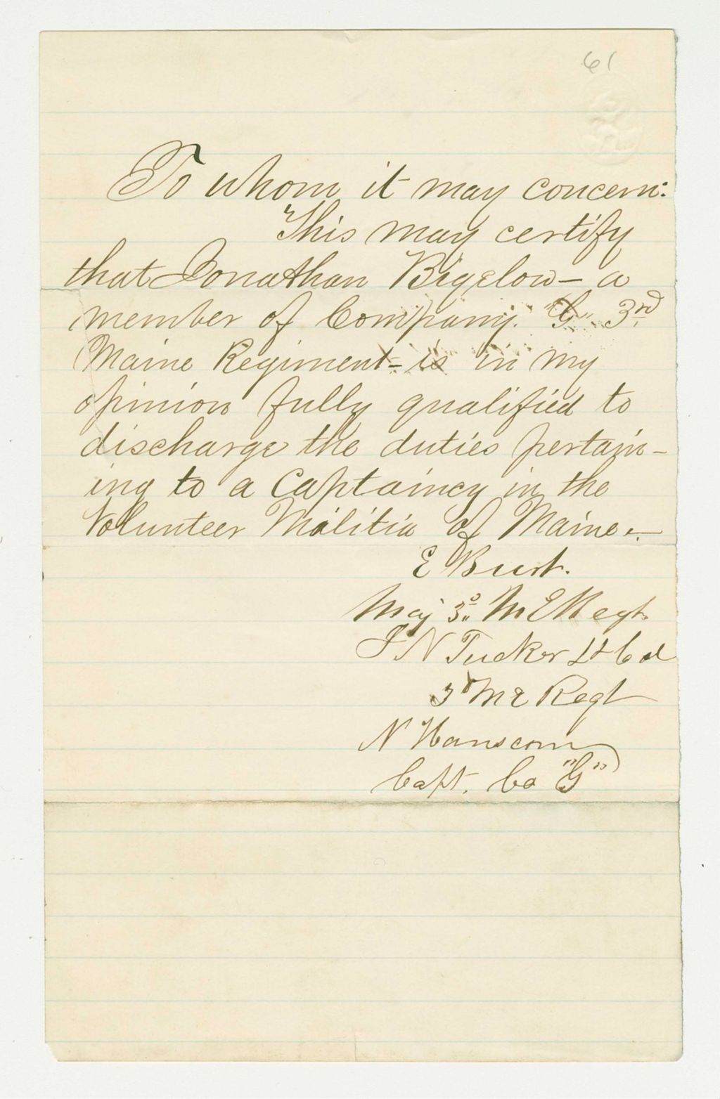 Miniature of Undated -  Major E. Burt recommends Jonathan Bigelow of Company G for captain