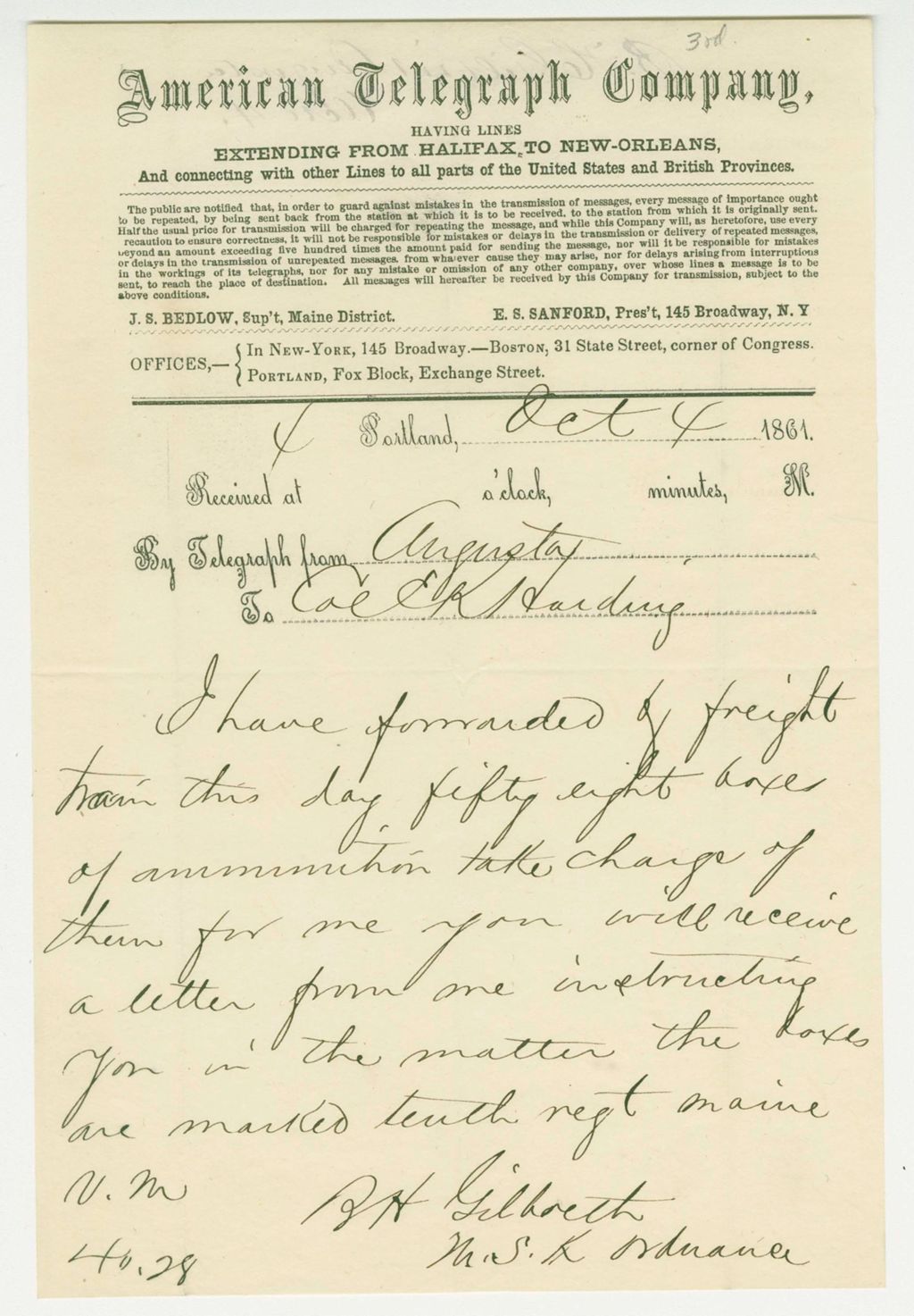 Miniature of Telegraph to Colonel Harding regarding shipment of 58 boxes of ammunition