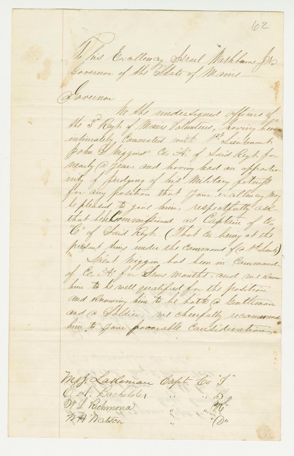 Miniature of Undated - Captain Moses Lakeman and others recommend Lieutenant John Wiggins for promotion