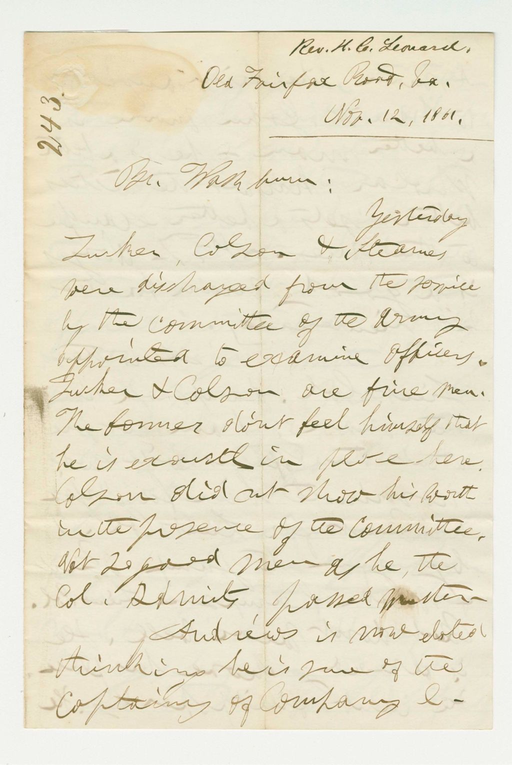 Miniature of Reverend H.C. Leonard writes Governor Washburn about discharge of three officers