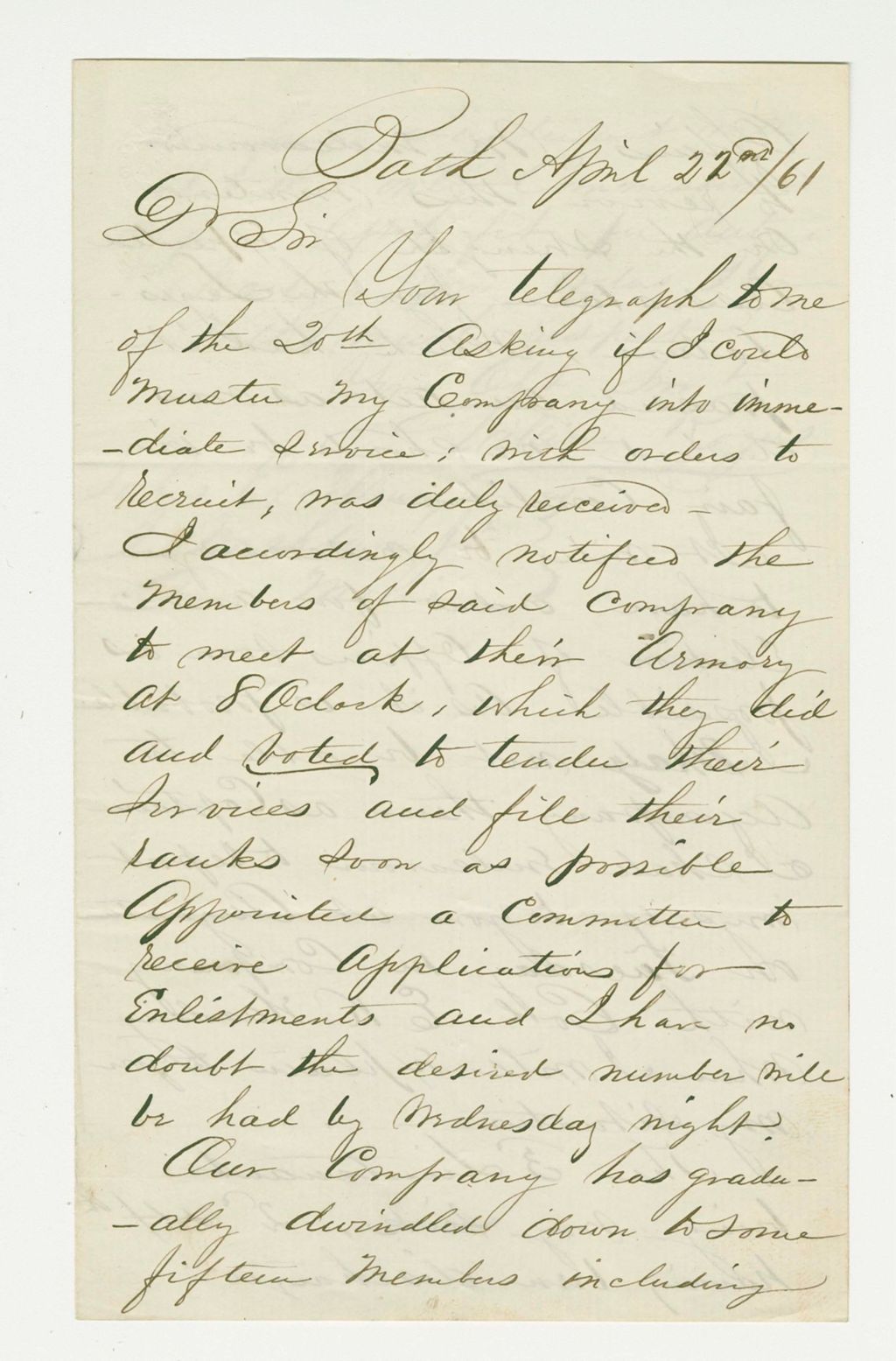 Miniature of William Rogers writes Governor  Washburn about mustering company