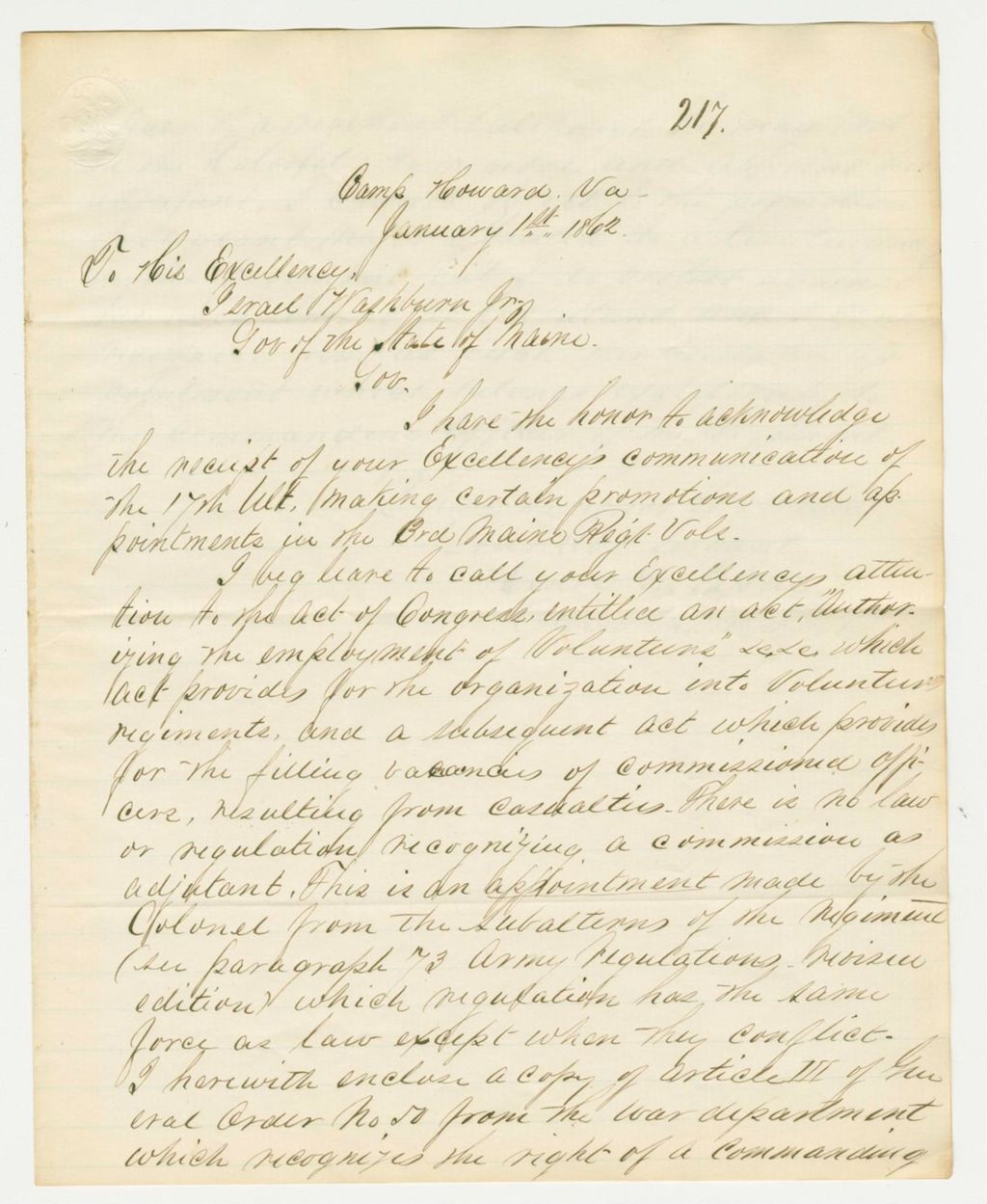 Miniature of Colonel Staples writes Governor Washburn regarding promotions