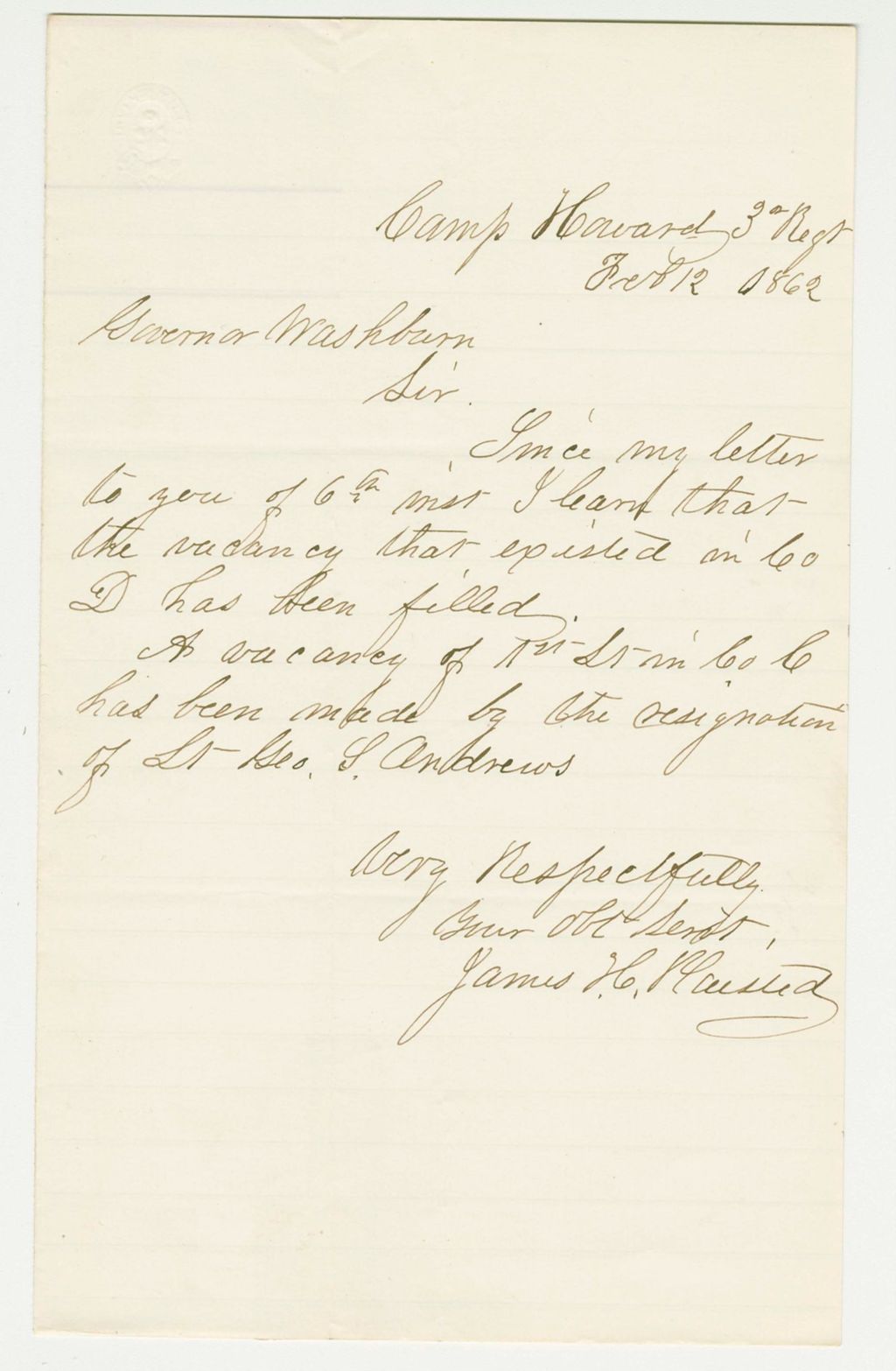 Miniature of James Plaisted reports that the vacancy in Company D has been filled