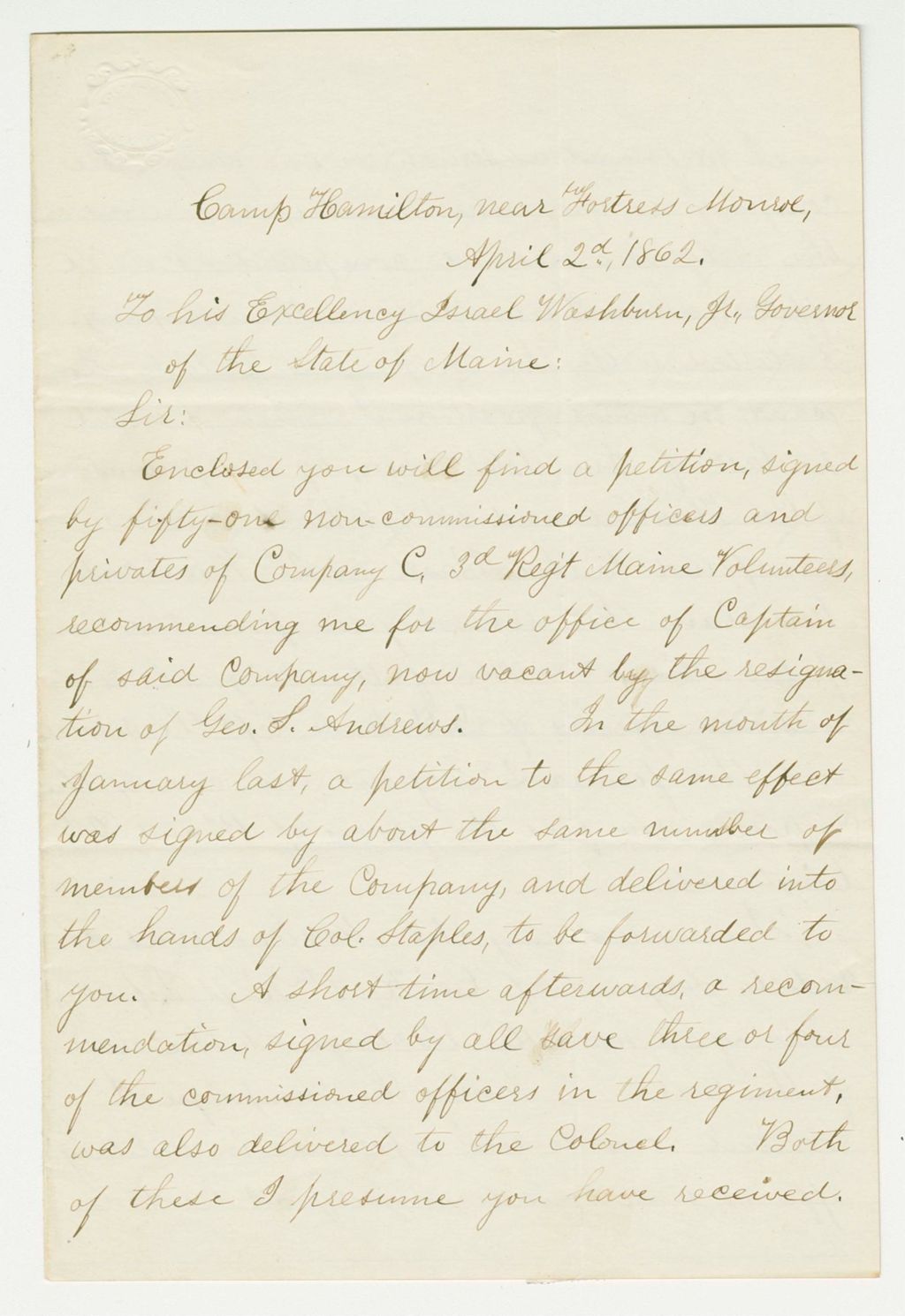 Miniature of Moses Wadsworth requests promotion to Captain of Company C