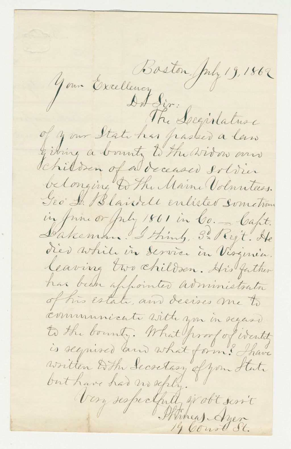 Miniature of Phineas Ayer requests information about bounty for the widow of George L. Blaisdell
