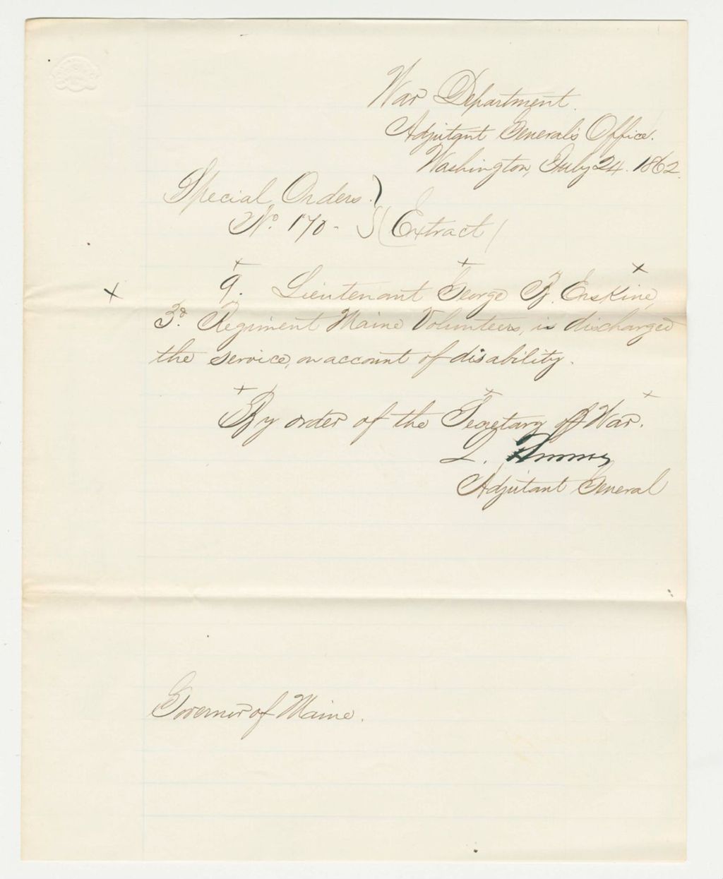 Miniature of Special Order 170 discharging Lieutenant George Erskine for disability