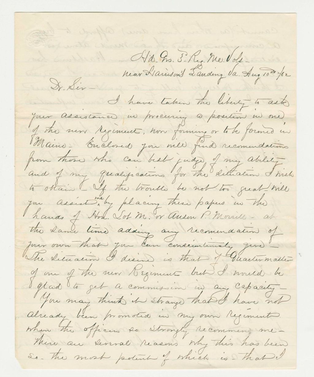 Miniature of George A. Nye requests a position in a new regiment