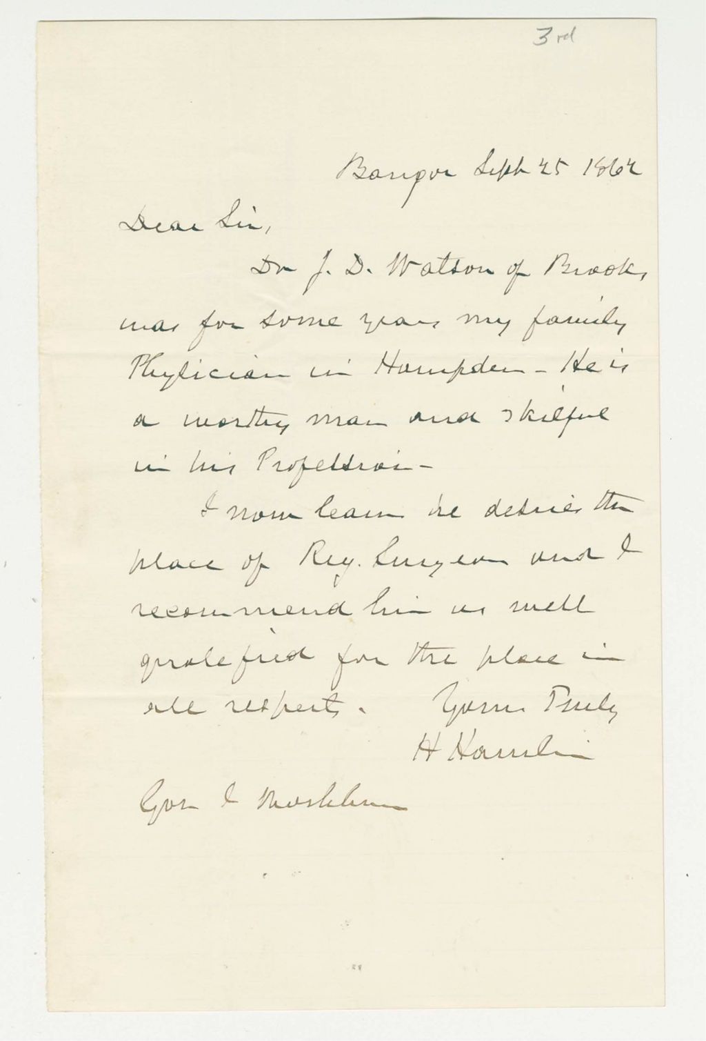 Miniature of Hannibal Hamlin recommends Dr. J.D. Watson for a surgeon's position