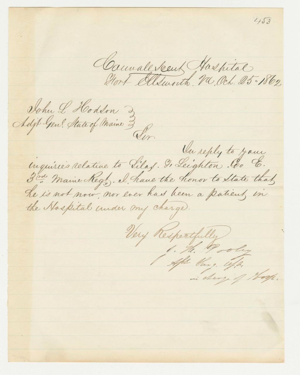 Miniature of Dr. Pooley notifies General Hodsdon that Silas Leighton of Company E is not a patient in his hospital