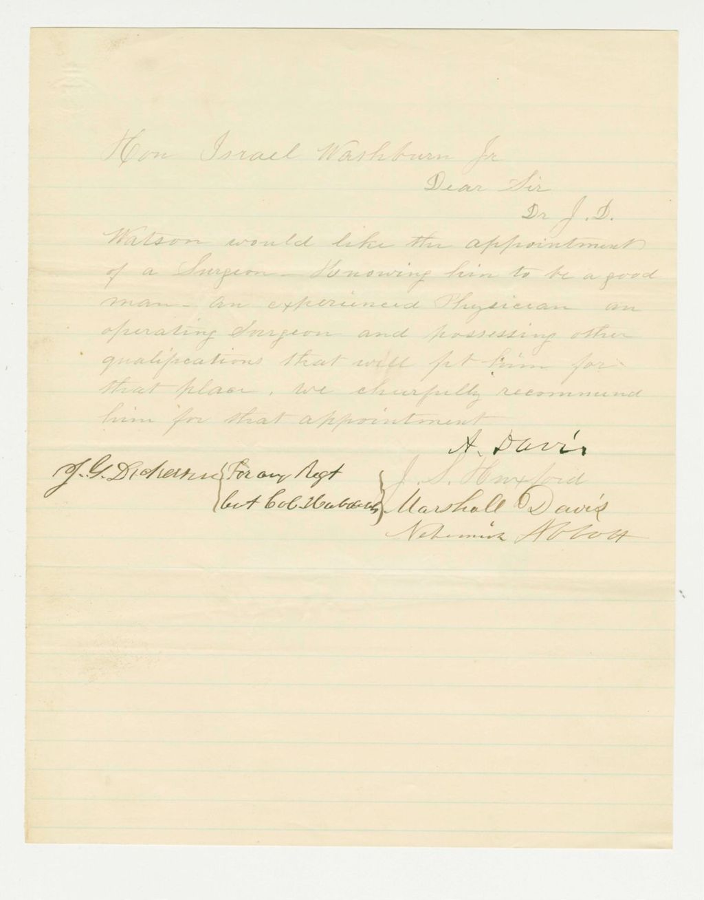 Miniature of Undated (circa 1861) - A. Davis recommends Dr. J.D. Watson for surgeon