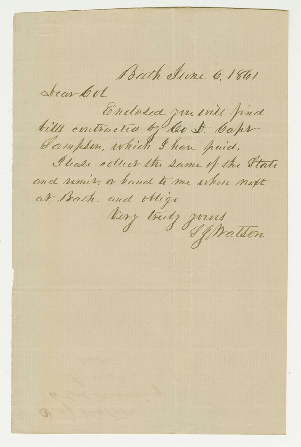 Miniature of S.G. Watson sends a bill for Captain Sampson of Company D