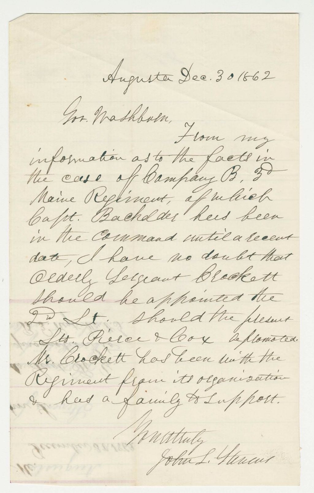 Miniature of John L. Stevens recommends Orderly Sergeant Crockett for promotion