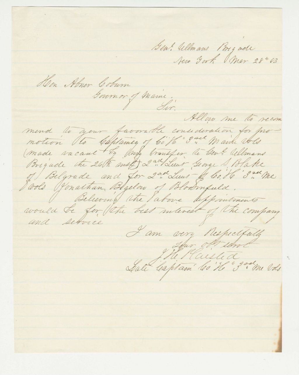 Miniature of Captain Plaisted recommends Lieutenant George Blake and Jonathan Bigelow for promotion