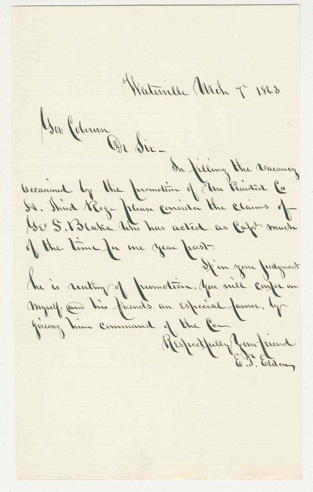 Miniature of E. Elders recommends George S. Blake for promotion