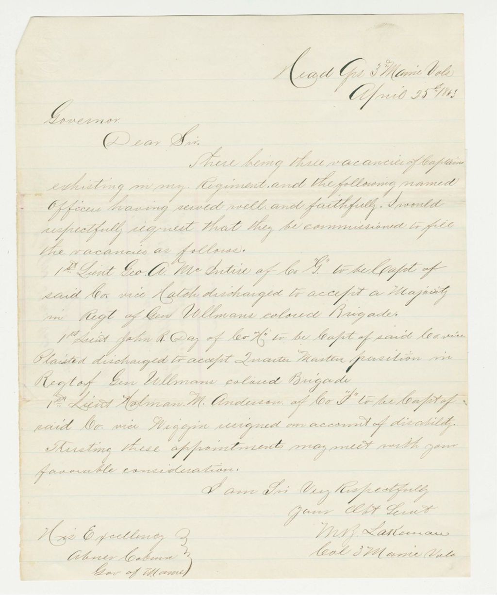 Miniature of Colonel Lakeman recommends George McIntire, John Day, and Holman Anderson for commissions