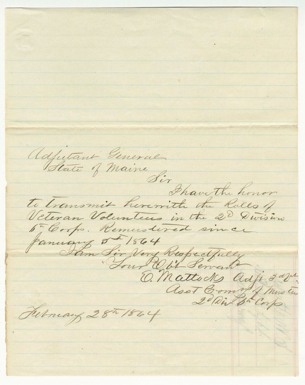 Miniature of Adjutant E. Mattocks send the rolls of the veteran volunteers