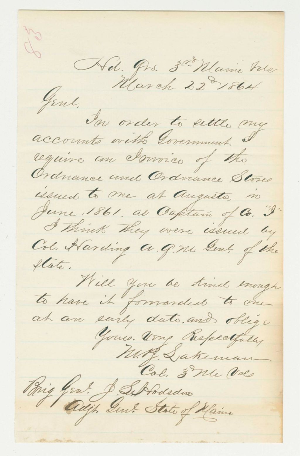 Miniature of Colonel Lakeman requests an invoice of ordnance issued to him as Captain