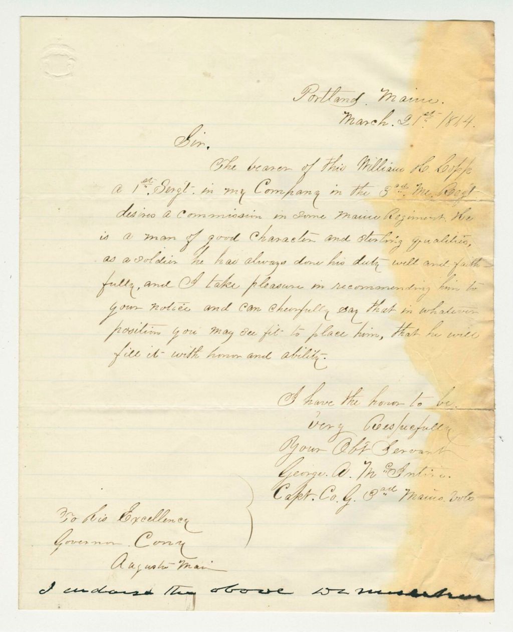 Miniature of Captain George A. McIntire recommends William Copp for a commission