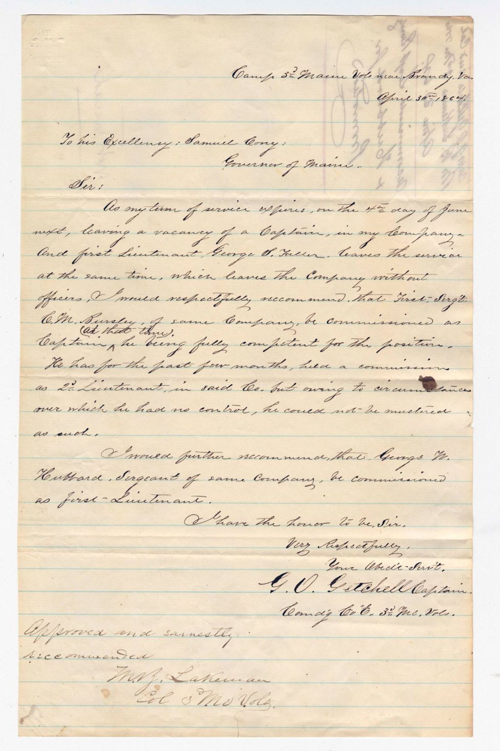 Miniature of Captain George O. Getchell and Colonel Lakeman recommend Sergeants Hubbard and Bursley for promotion