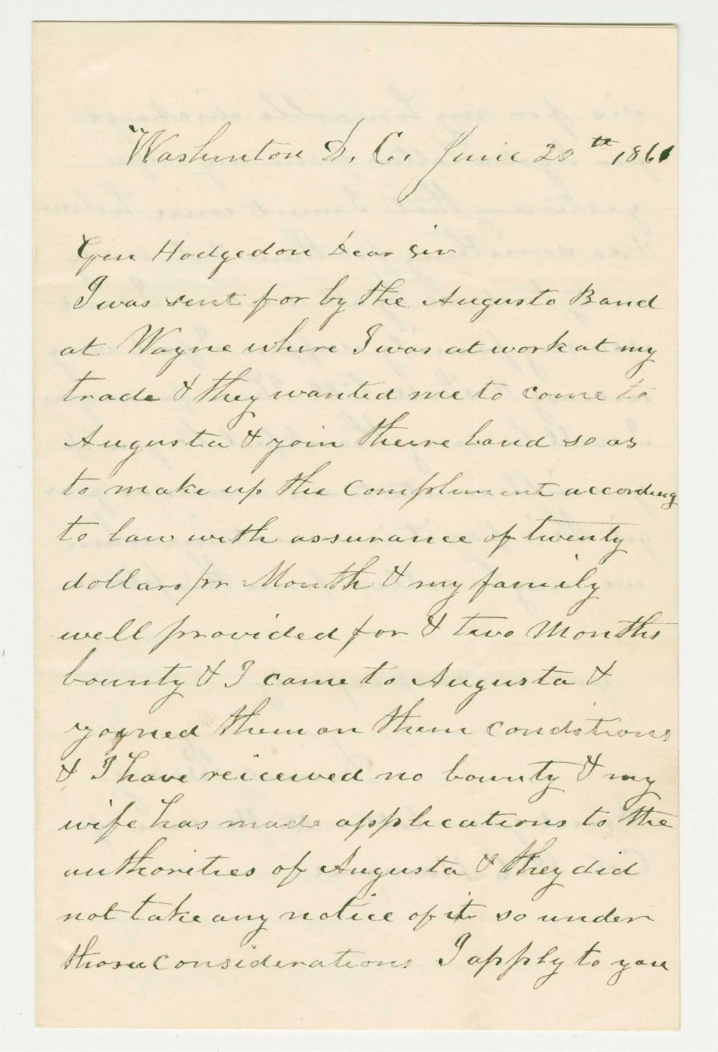 Miniature of David Berry of the regimental band requests payment