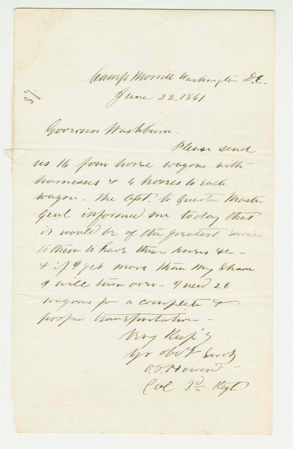 Miniature of Colonel Howard requests four wagons with horses and harnesses