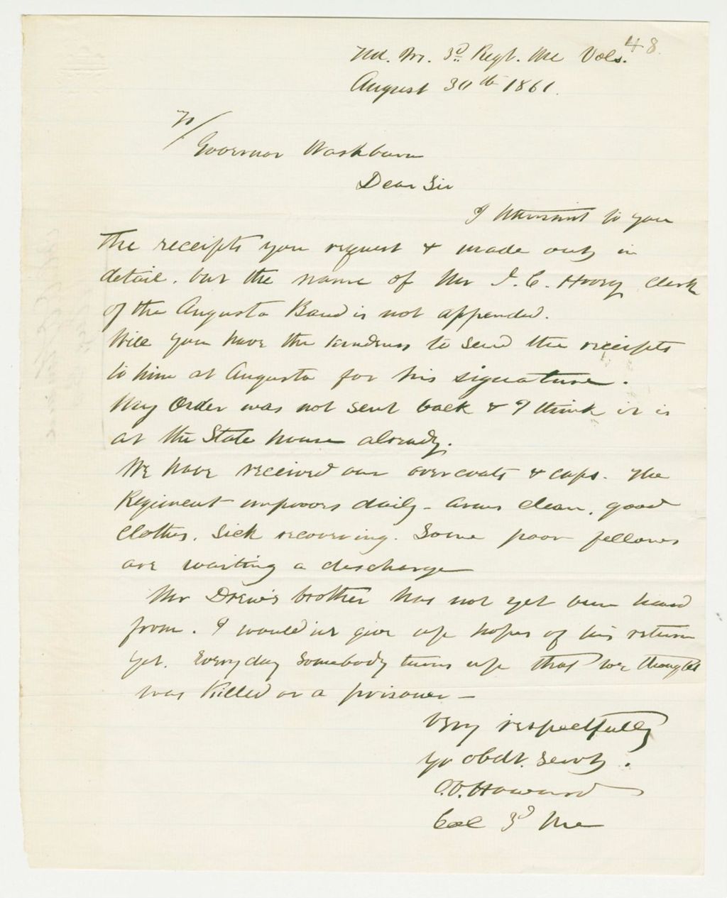 Miniature of Colonel Howard writes that the regiment is improving