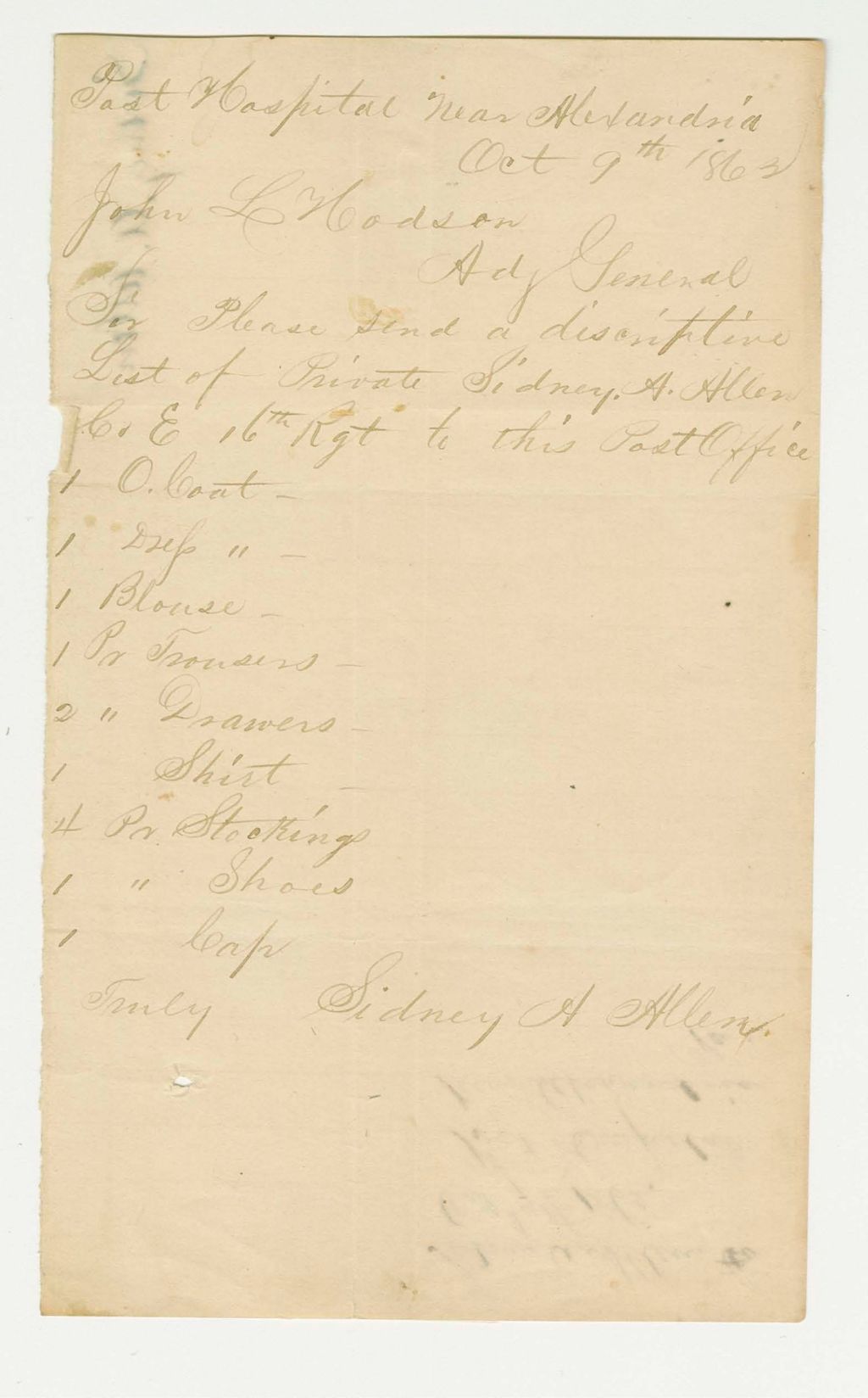 Miniature of Private Sidney A. Allen requests his descriptive list be sent to Post Hospital