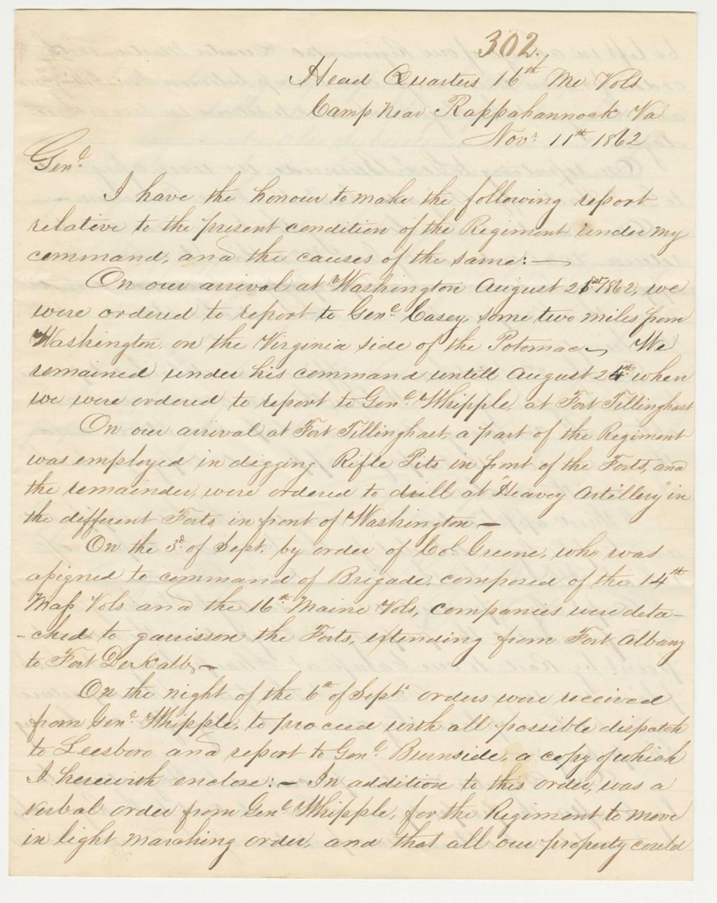 Miniature of Lieutenant Colonel Charles Tilden writes Brigadier General Taylor regarding condition of the regiment