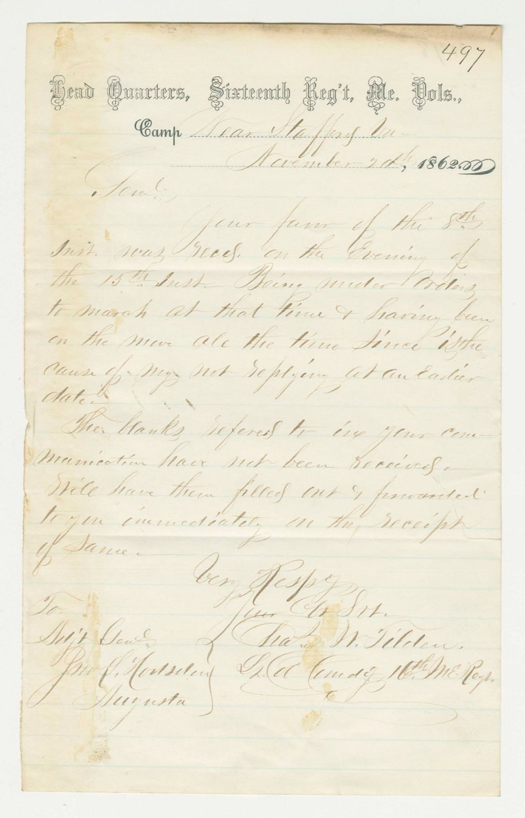 Miniature of Lt. Colonel Charles Tilden requests blank forms