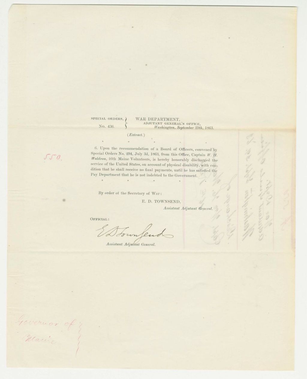 Miniature of Special Order 436 honorably discharging Captain W.H. Waldron for disability