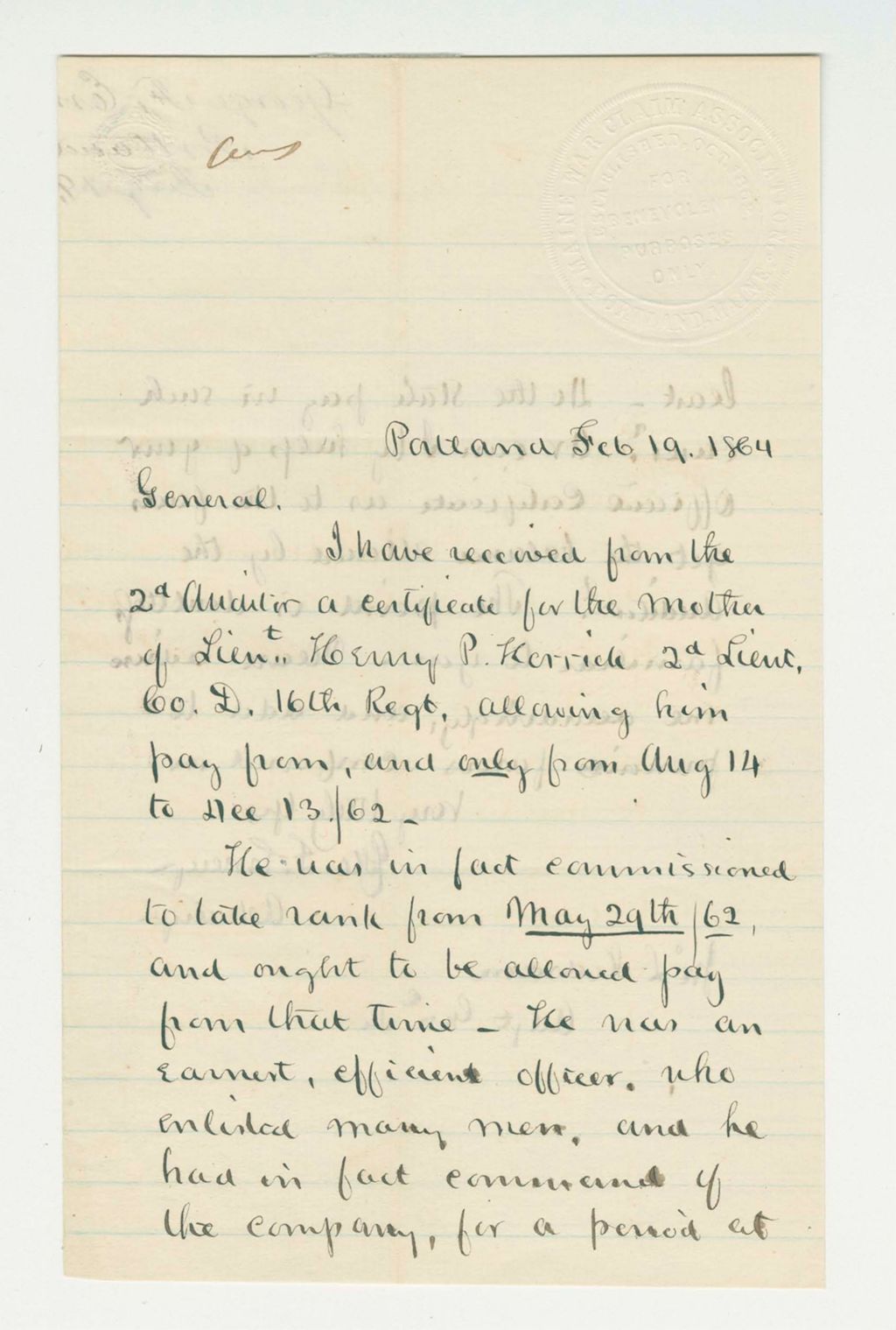 Miniature of George Emery requests information on pay for Lieutenant Henry P. Herrick